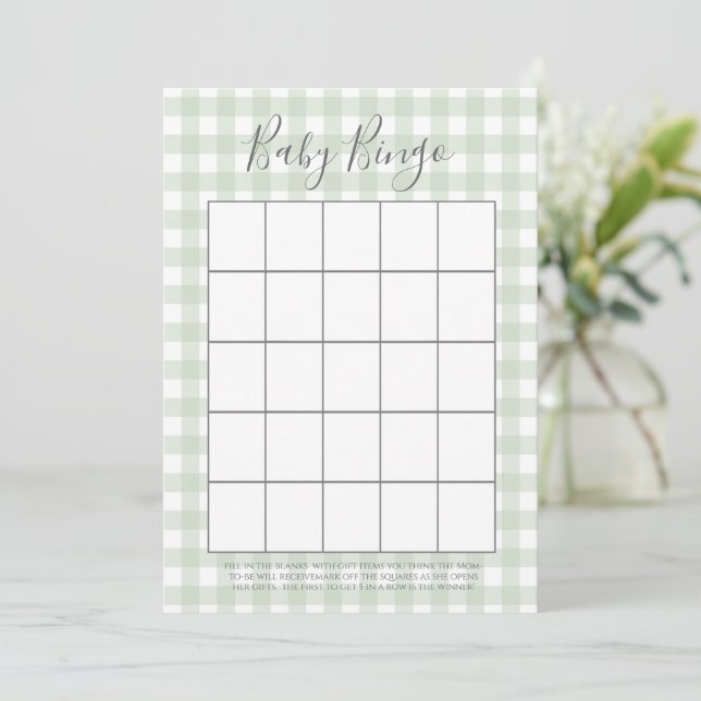 Green Gingham Baby Dusche Bingo Karten (Stehend Vorderseite)