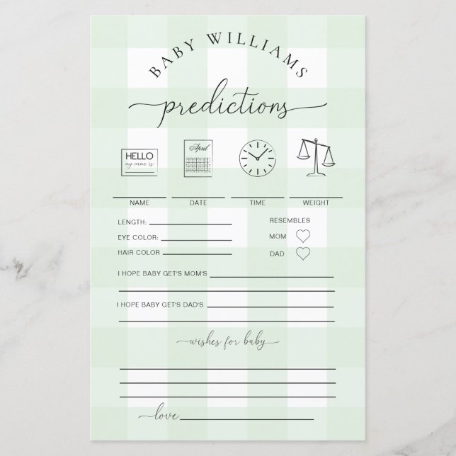 Green Gingham Baby Predictions Game (Vorderseite)