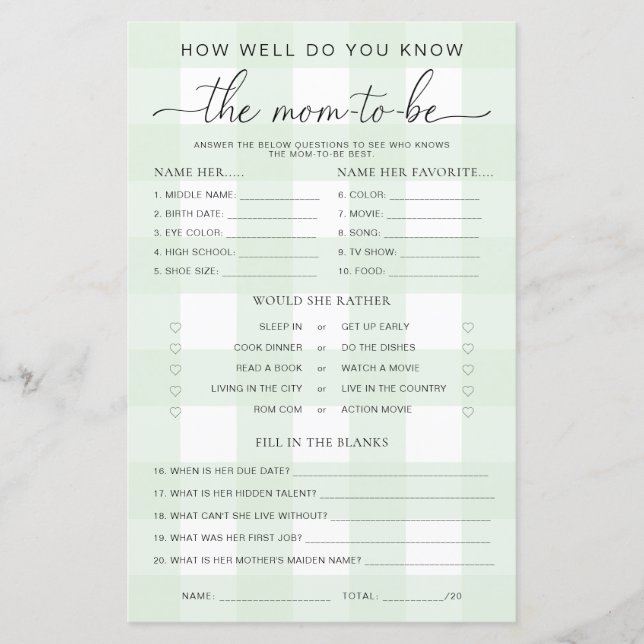 Green Gingham Baby Shower kennt das Mama-to-be-Spi (Vorderseite)