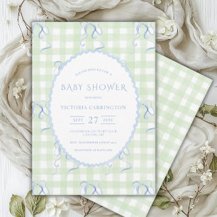 Green Gingham Blue Bows Vintag Baby Dusche Einladung