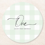 Green Gingham First Birthday Drink Untersetzer<br><div class="desc">Diese Drink-Coaster zeichnen sich durch ein zeitloses Gingham-Design aus. Die Überschrift des Skripts ist ein Bild, das nicht bearbeitet werden kann. Das Kursbild kann auf jede Einladungsgröße angepasst werden. Der andere Text ist vollständig editierbar. Für eine erweiterte Anpassung dieses Designs, wählen Sie einfach die Schaltfläche "Anpassen" oben.</div>