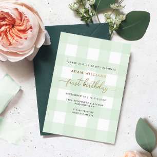 Green Gingham First Birthday Gold Foil Einladung
