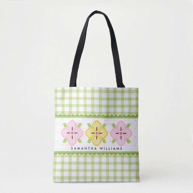 Green Gingham Floral Mit Monogramm Tasche (Vorderseite)