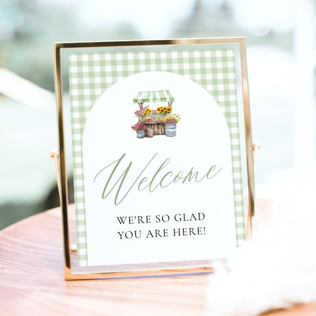 Green Gingham Fresh Off Market Willkommenszeichen Poster (Sage Green Gingham Fresh Off The Market Welcome Sign)