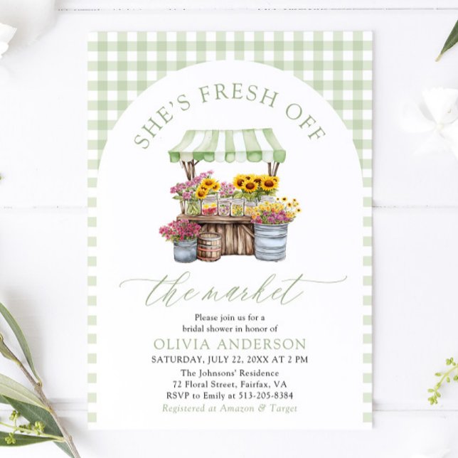 Green Gingham Fresh Off The Market Brautparty Einladung (Green Gingham Fresh Off The Market Bridal Shower Invitation)