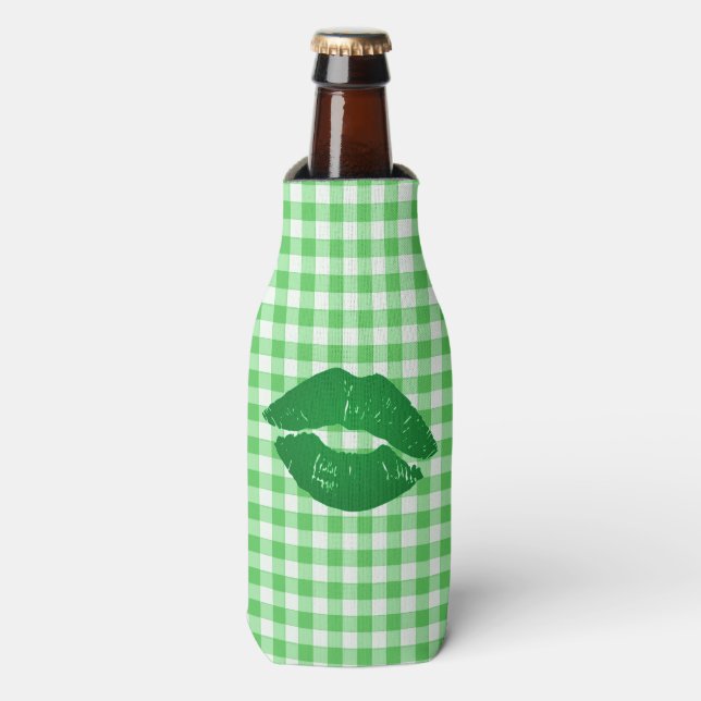 Green Gingham Fun Irish Kiss St Patrick's Day Flaschenkühler (Flaschenvorderseite)