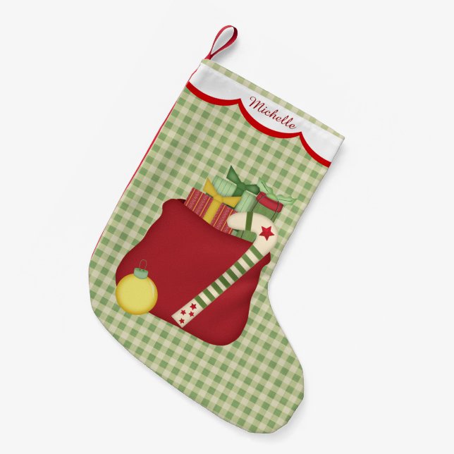 Green Gingham Holiday Toy Sack Personalisiert Kleiner Weihnachtsstrumpf (Vorderansicht (hängend))