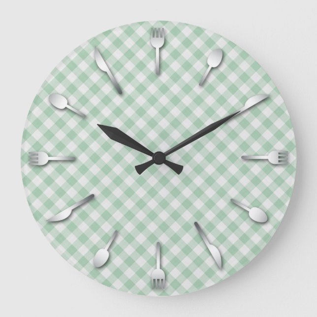 Green Gingham Kitchen Clock - Country Western Große Wanduhr (Vorderseite)