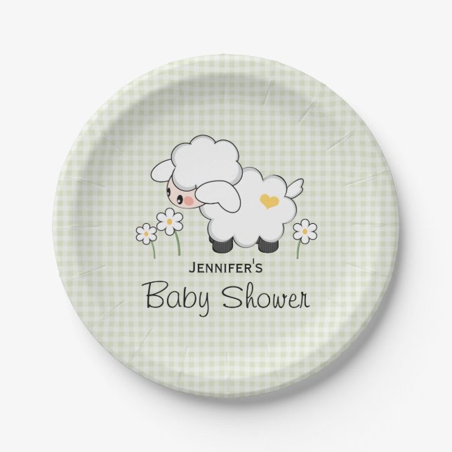 Green Gingham Lamb Baby Dusche Pappteller (Vorderseite)