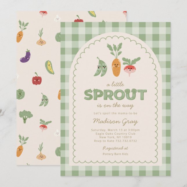 Green Gingham Little Sprout auf der Way Baby Dusch Einladung (Vorne/Hinten)