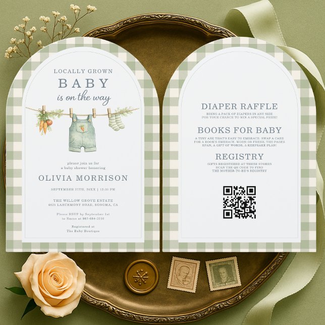 Green Gingham Locally Grown QR Code Baby Shower Einladung (Von Creator hochgeladen)