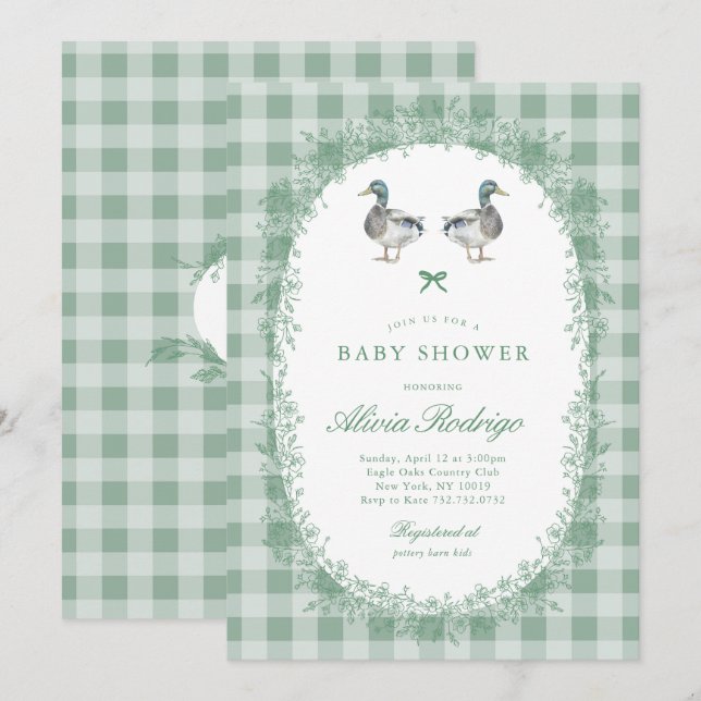 Green Gingham Mallard Duck Baby Shower Einladung (Vorne/Hinten)