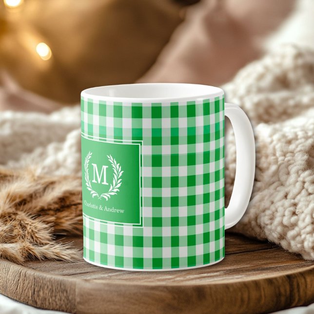 Green Gingham Monogram Wappen Custom Kaffeetasse (Green Gingham Monogram Crest Custom Coffee Mug)