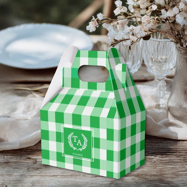 Green Gingham Monogram Wappen Geschenkschachtel (Custom Green Gingham Monogram Crest Favor Boxes for your wedding or other Occasions.)