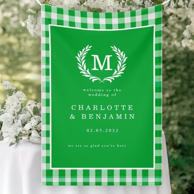 Green Gingham Monogram Wappen Wedding Welcome Banner (Green Gingham Monogram Crest Wedding Welcome Banner)