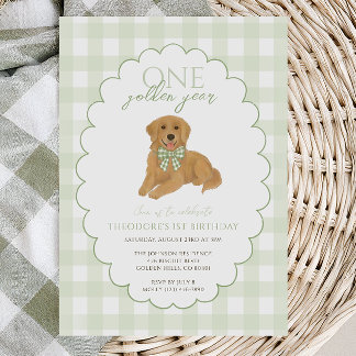 Green Gingham One Golden Year First Birthday Puppy Einladung