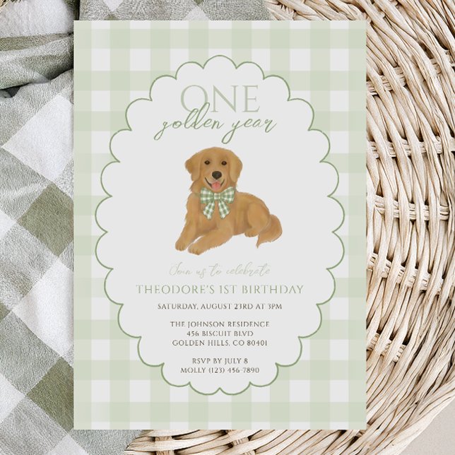 Green Gingham One Golden Year First Birthday Puppy Einladung (Von Creator hochgeladen)