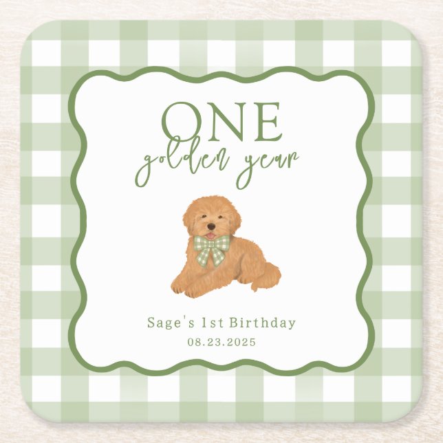 Green Gingham One Golden Year First Birthday Rechteckiger Pappuntersetzer (Vorderseite)