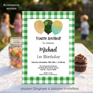 Green Gingham, Party Balloons 1. Geburtstag Einladung