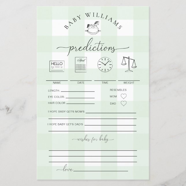 Green Gingham Rocking Horse Baby Predictions Game (Vorderseite)