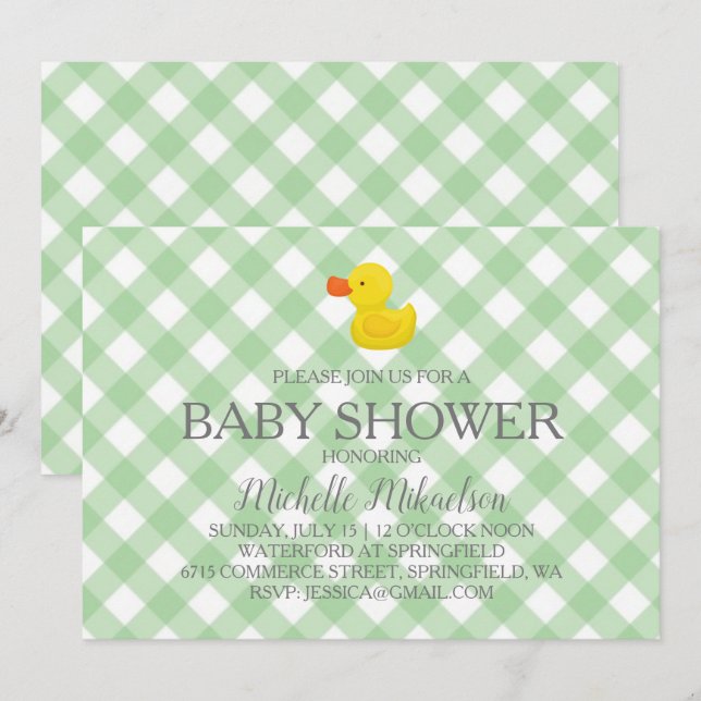 Green Gingham Rubber Duckie Baby Duckie Einladung (Vorne/Hinten)