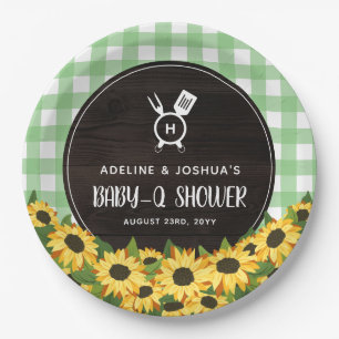 Green Gingham & Sunflowers Rustic Baby-Q Dusche Pappteller