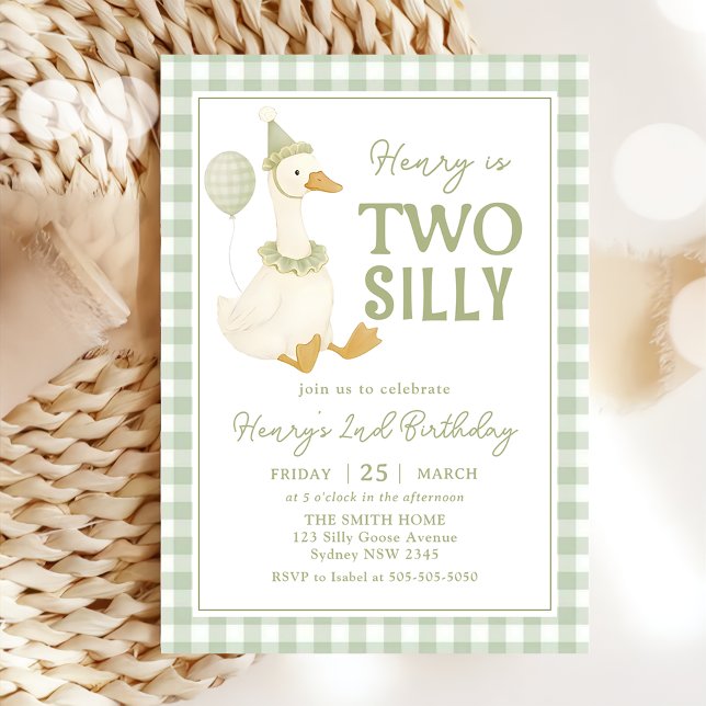 Green Gingham Two Silly Goose Birthday Invitation Einladung (Von Creator hochgeladen)