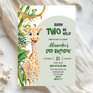 Green Giraffe Born Two Wild Safari Second Birthday Einladung