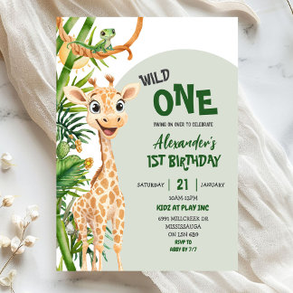 Green Giraffe Wild One Safari First Birthday Einladung