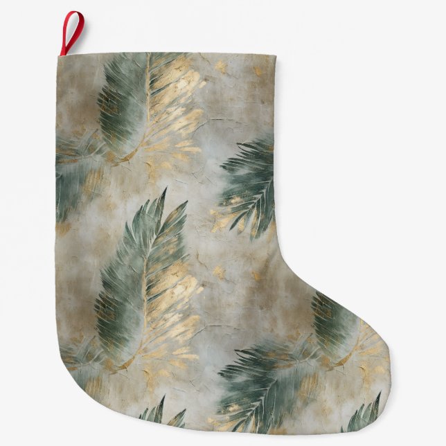 Green Glam Chic Gold Weiße tropische Blätter Großer Weihnachtsstrumpf (Vorderseite)