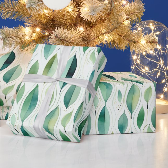 Green Glam Gold Blätter Abstrakt Geschenkpapier (Feiertage)