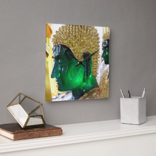 Green Glass Buddhas in einem neuen Tempel, Thailan Quadratische Wanduhr