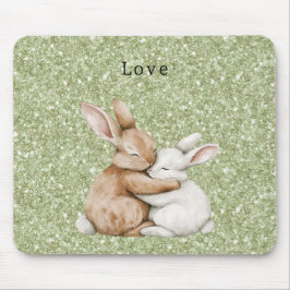 Green Glitter Sweet Brown Cream White Bunny Hugs Mousepad