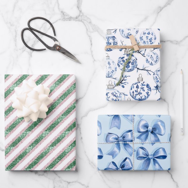 Green Glitzer Blue Ornaments Bows Weihnachten Geschenkpapier Set (Vorderseite)