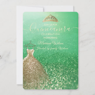 Green Glitzer Chic Gold Kleid tiara Quinceañera Einladung