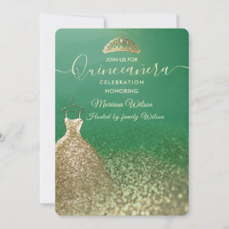 Green Glitzer Chic Gold Kleid tiara Quinceañera I Einladung