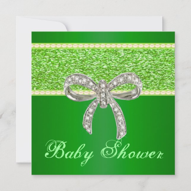 Green Glitzer Diamond Bow Baby Shower Einladung (Vorderseite)