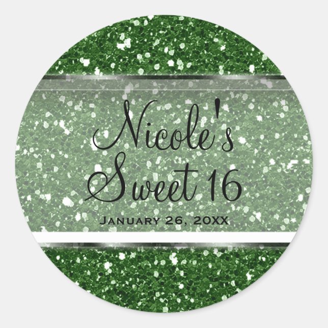 Green Glitzer Glam Sweet 16 Custom Gastgeschenk Runder Aufkleber (Vorderseite)