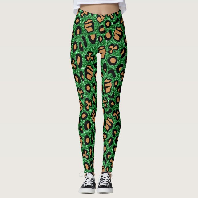 Green Glitzer Gold Leopard Kleeblatt Clou Irish Leggings (Vorderseite)