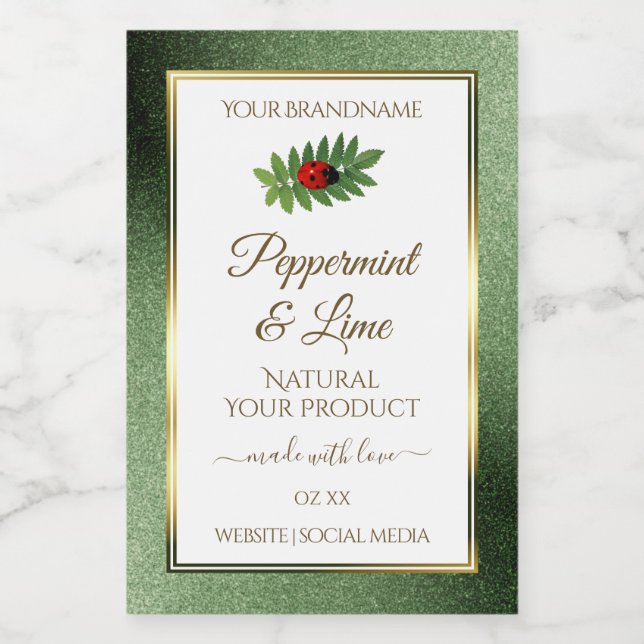 Green Glitzer Gold und White Product Label Ladybug Lebensmitteletikett (Einzelnes Label)