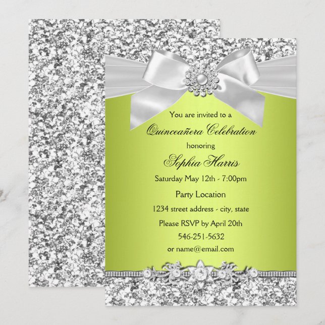 Green Glitzer Jewel Bow Quinceanera Einladung (Vorne/Hinten)
