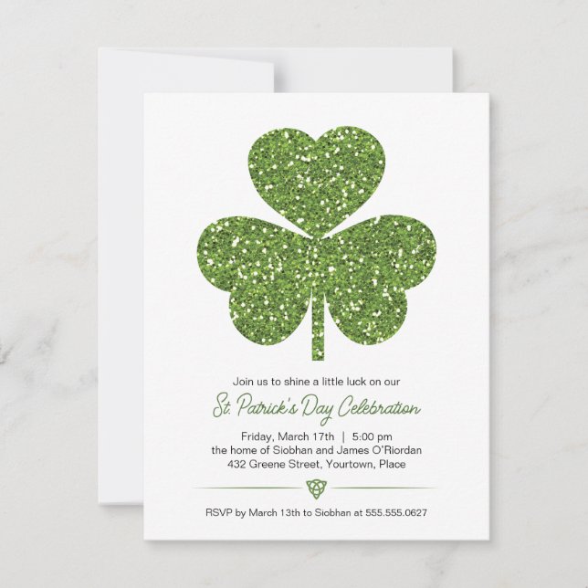 Green Glitzer Kleeblatt St Patricks Party Einladung (Vorderseite)