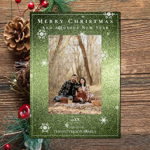 Green Glitzer Snowflakes Holiday Foto Card Feiertagskarte