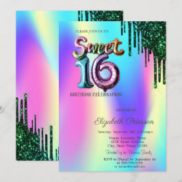 Green Glitzer Tropfen Holographic Balloon Sweet 16 Einladung