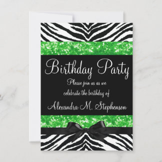 Green Glitzer Zebra Bow Custom Girl Geburtstagspar Einladung