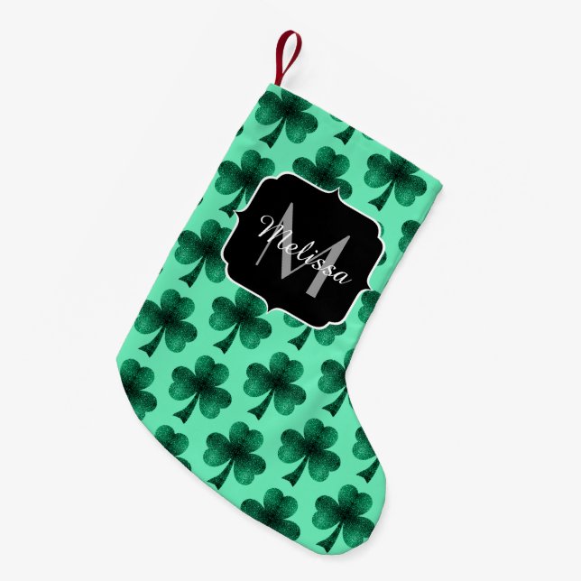 Green Glitzern Kleeblatt St. Patrick' Day Monogram Kleiner Weihnachtsstrumpf (Vorderansicht (hängend))