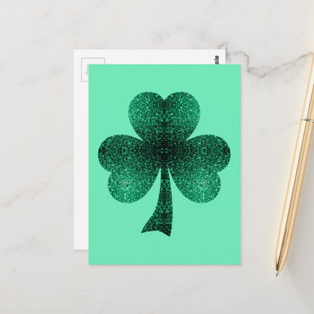 Green Glitzern Kleeblatt St Patrick'Day türkis Postkarte (Vorderseite/Rückseite Beispiel)