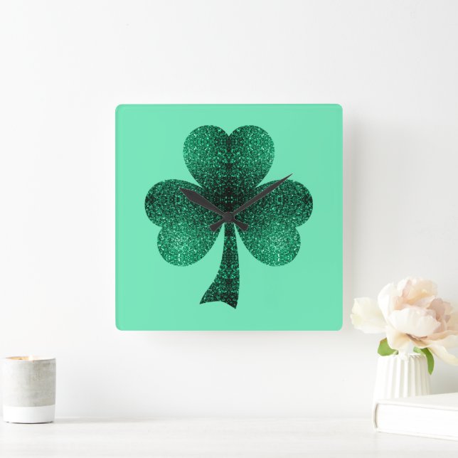 Green Glitzern Kleeblatt St Patrick'Day türkis Quadratische Wanduhr (Zuhause)