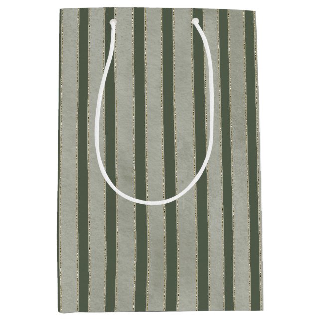 Green Glitzy Gold Stripes Christmas Mittlere Geschenktüte (Vorderseite)