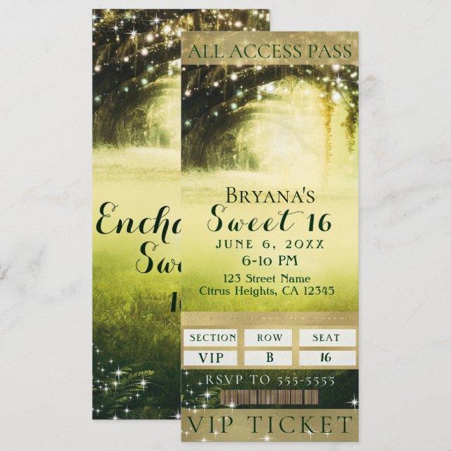 Green Glow Forest & Sparkle Lights Sweet 16 Ticket Einladung (Vorne/Hinten)